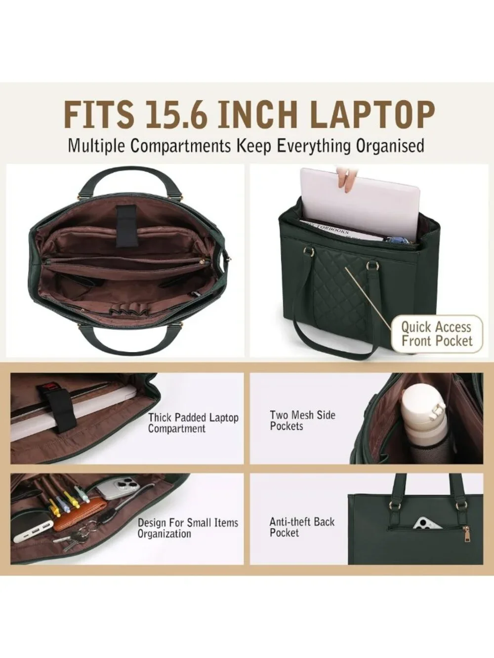 Stylish Waterproof Leather Laptop Tote Bag for Women - 15.6 Inch Work Briefcase